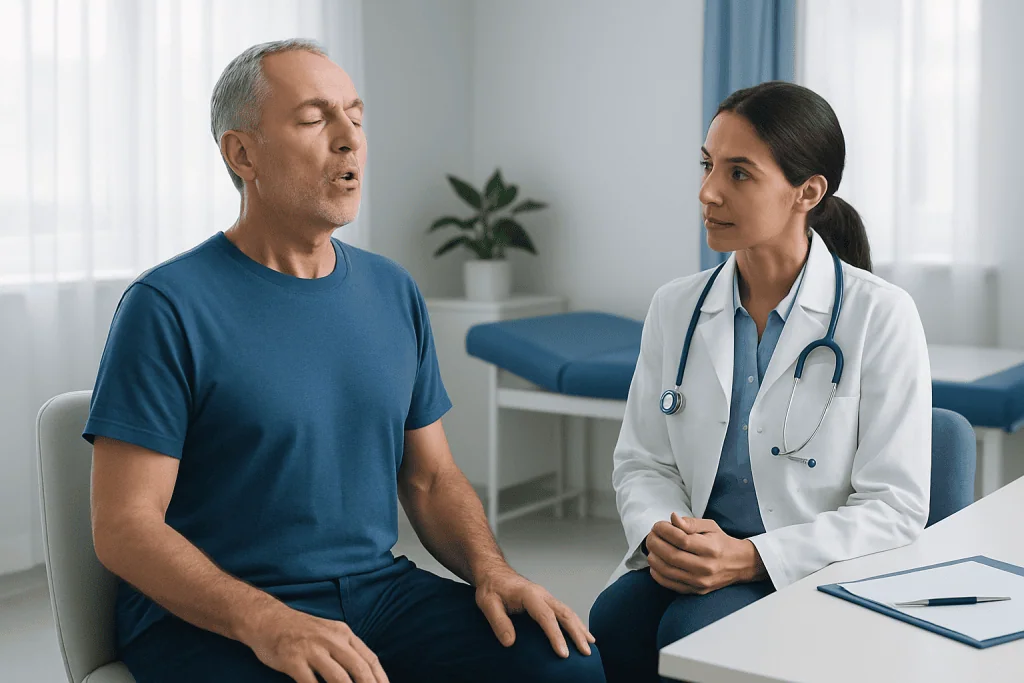 Patient practicing breathing exercises with doctor in hospital room.
