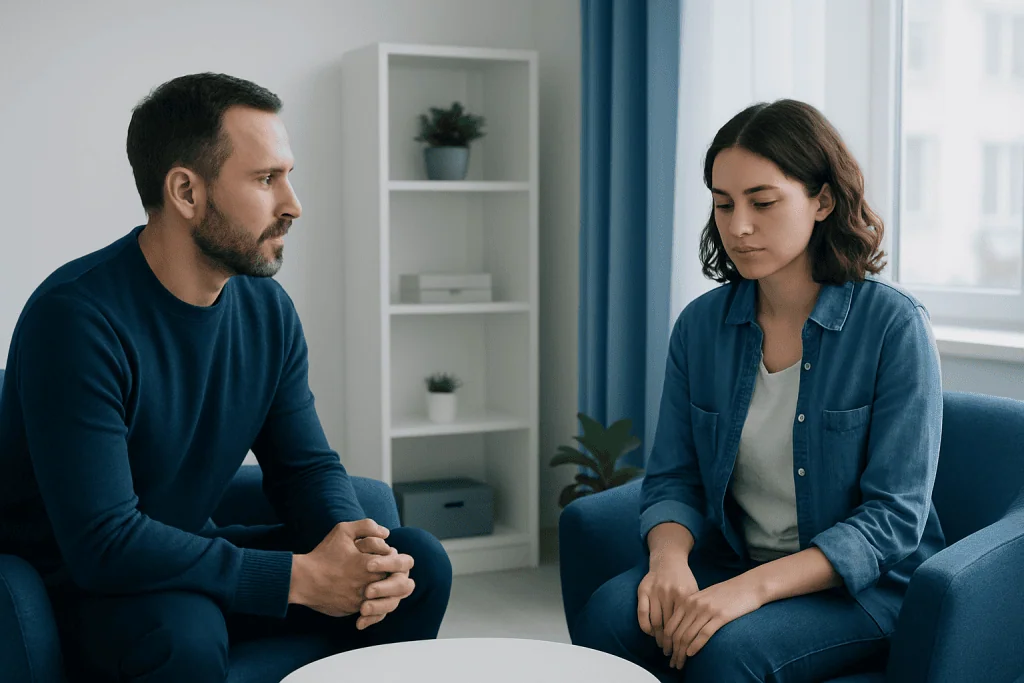 Therapist and patient in a counseling session at Acibadem Hospitals Group.