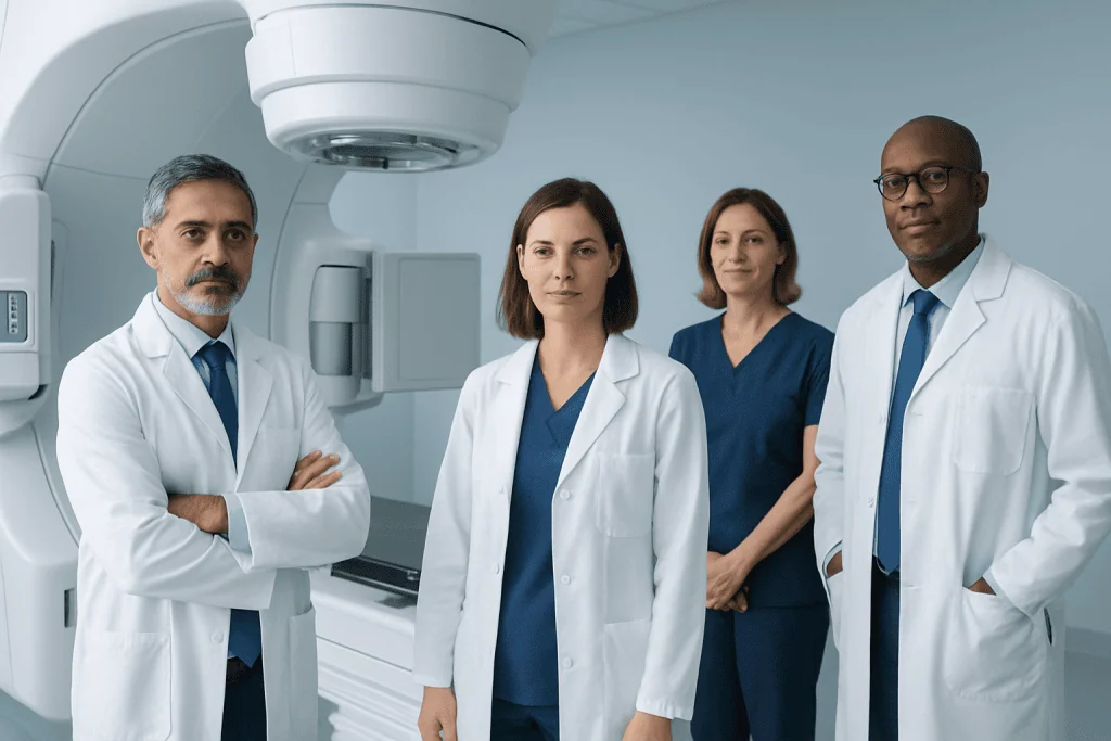 Medical team in a hospital radiology department with advanced imaging equipment.