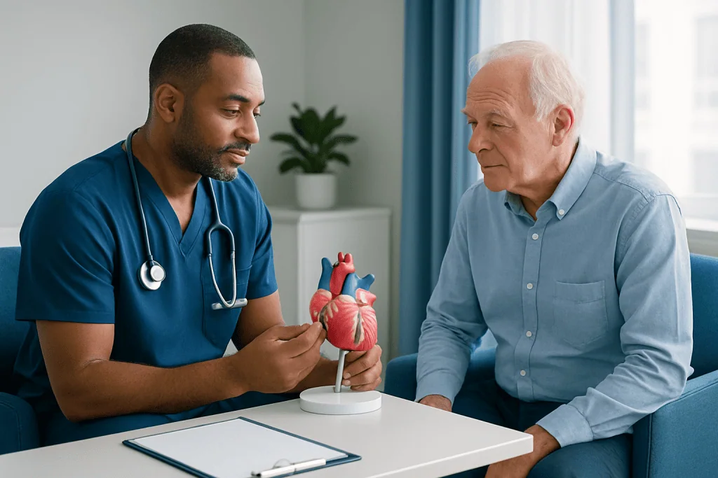 Doctor explaining heart anatomy to an elderly patient during consultation.