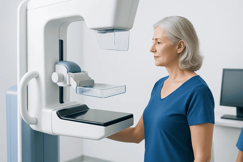 Senior woman undergoing mammogram for breast health screening.