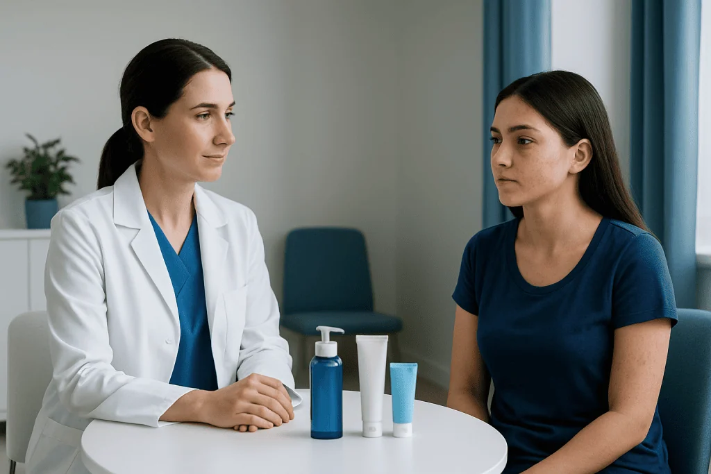 Dermatologist consulting a patient about skin care treatments for acne-prone skin.