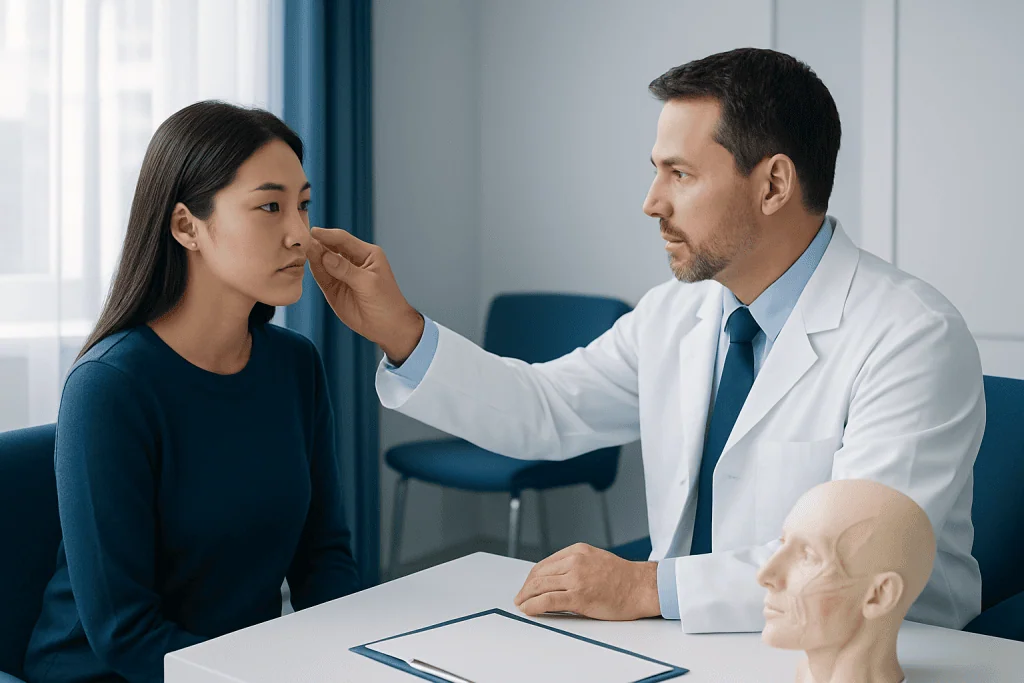 Doctor examining patient's nose in consultation room at Acibadem Hospital.