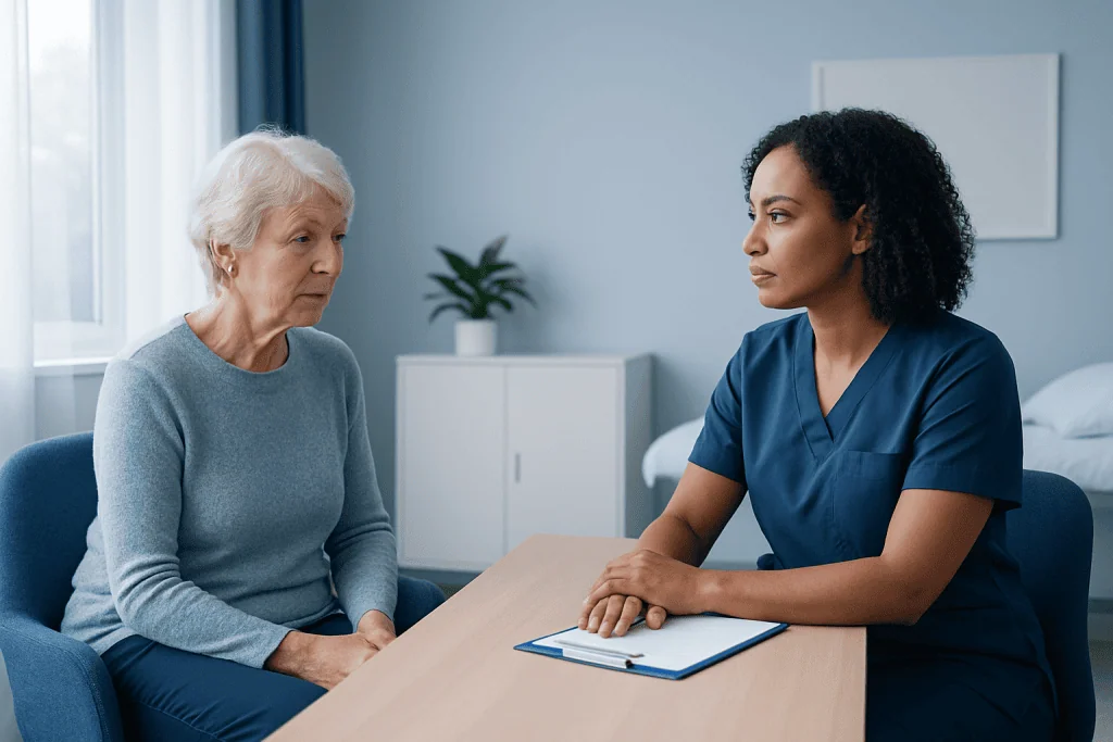 Elderly woman and caregiver discussing care in a bright room.