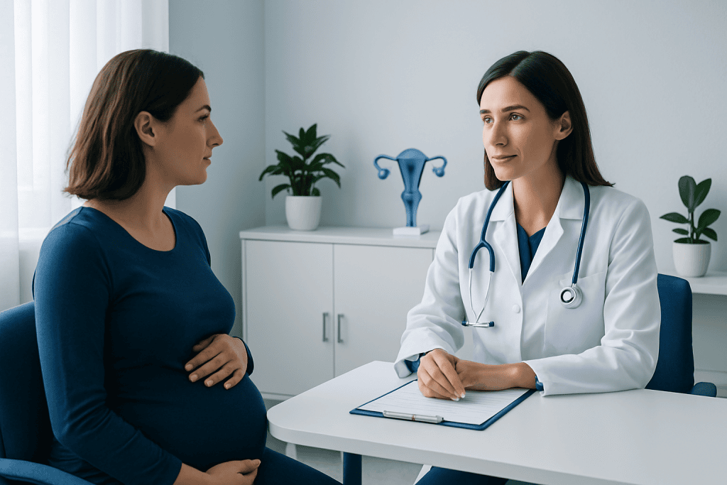Pregnant woman consulting with OB-GYN doctor in clinic.
