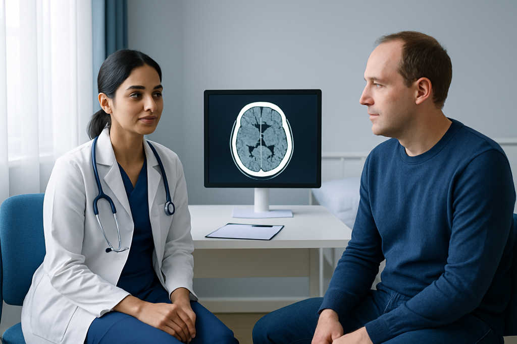 Doctor discussing brain MRI scan with patient in clinic.