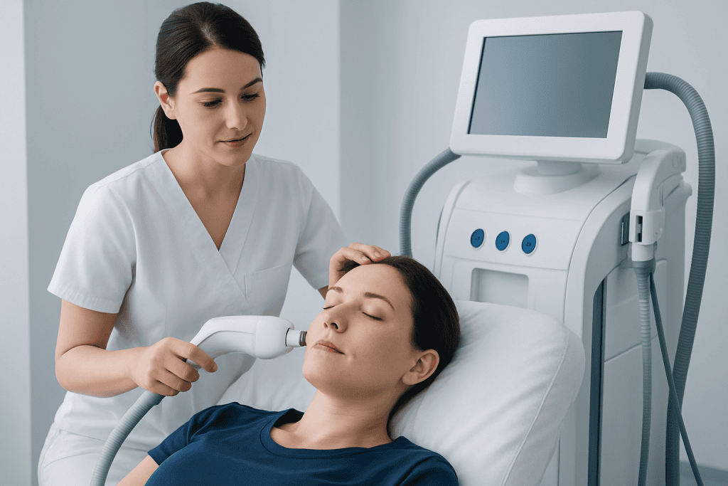 Skincare treatment at a modern medical clinic with advanced equipment.
