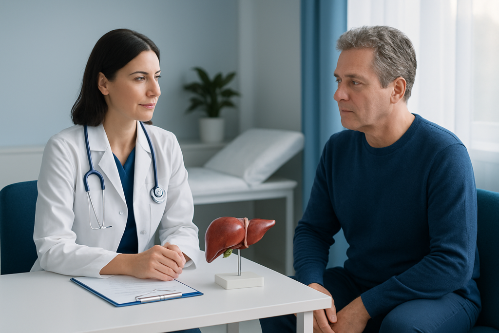 Doctor consulting with a patient about liver health in a medical office.