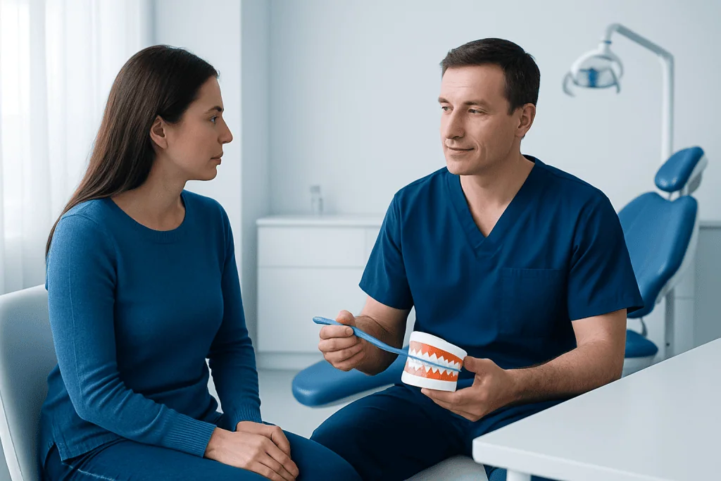 Dentist explaining dental health to a patient in a clinic setting.