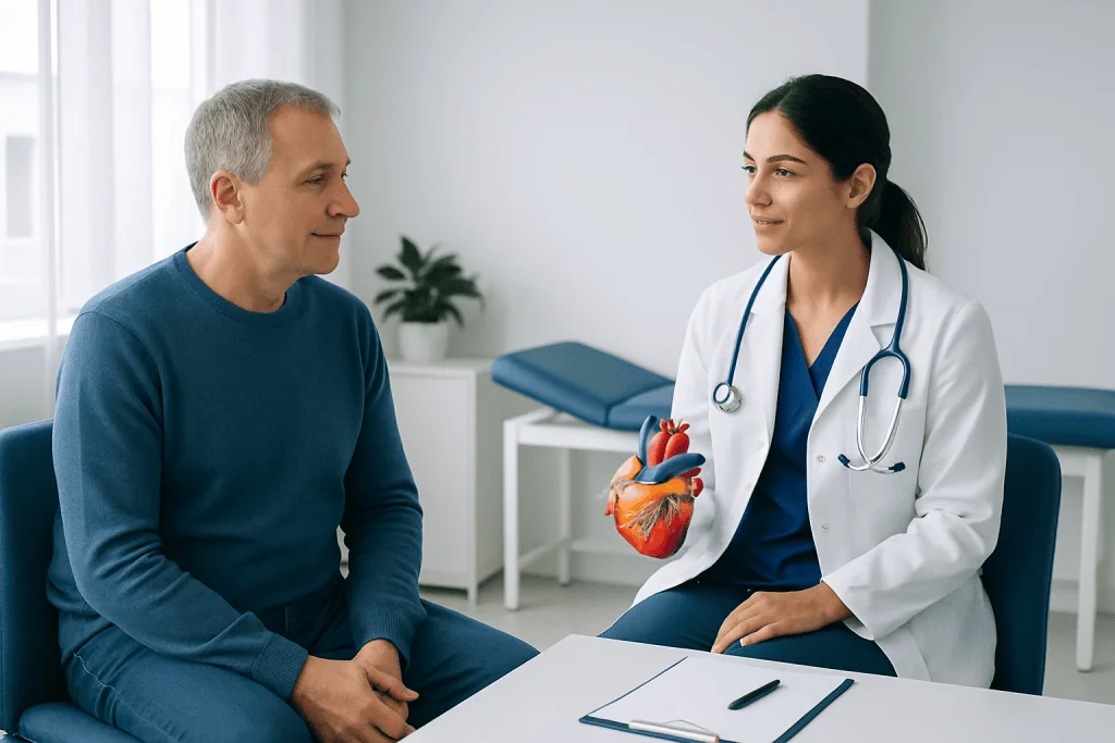 Doctor explaining heart health to a patient in a clinic setting.