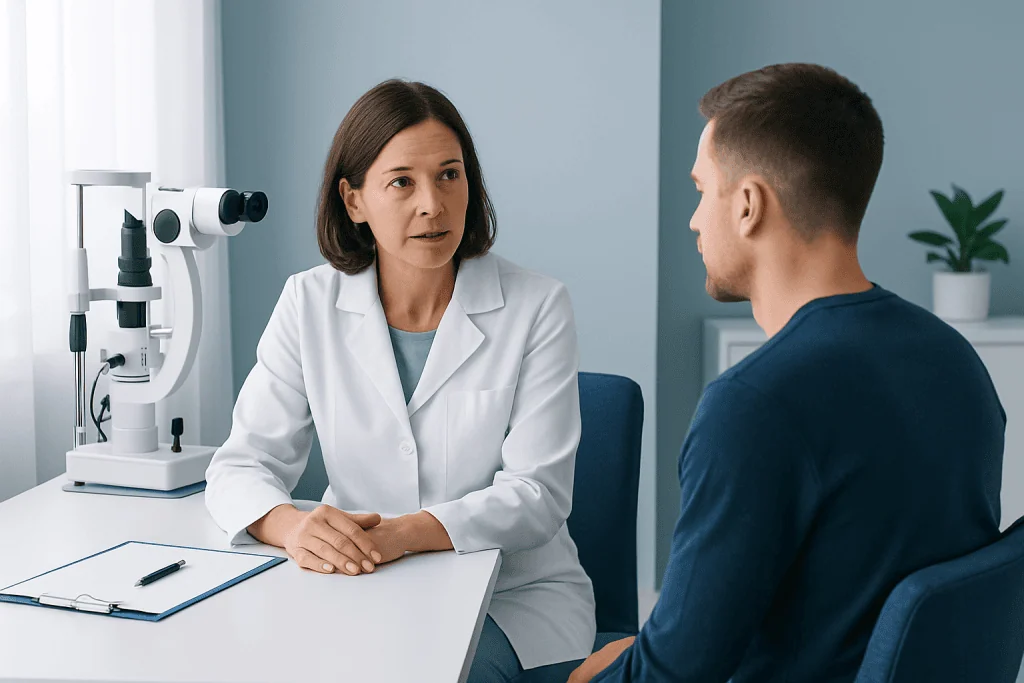 Optometrist consulting with a patient about eye health in a clinic.