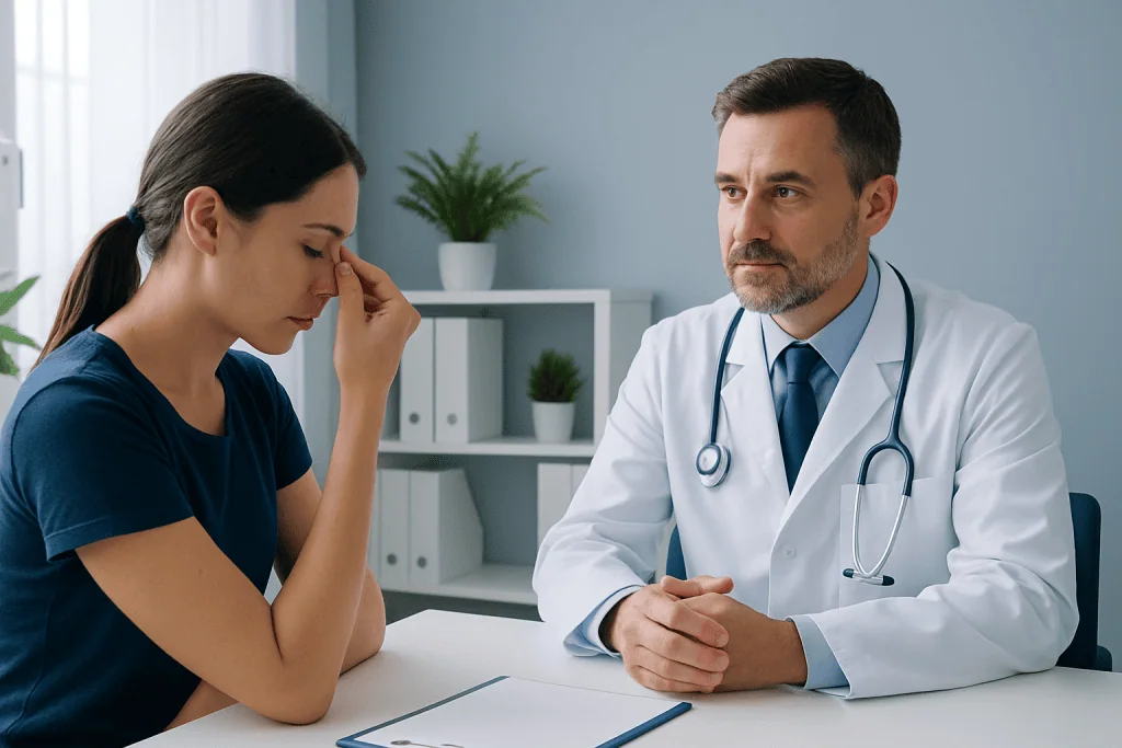Doctor consulting with a woman about nosebleed concerns in a clinical setting.
