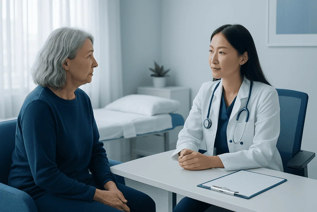 Doctor consulting with an elderly female patient in a medical office.