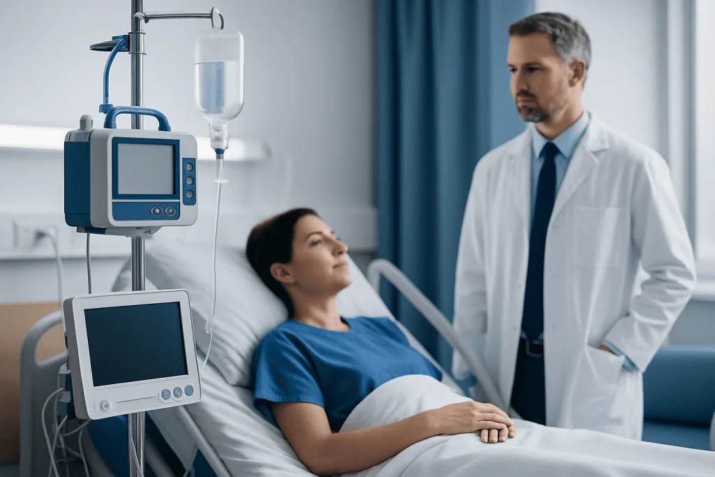 Patient in hospital bed with medical monitors and doctor nearby.