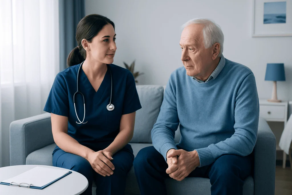 Nurse consulting with elderly patient in a comfortable home setting.