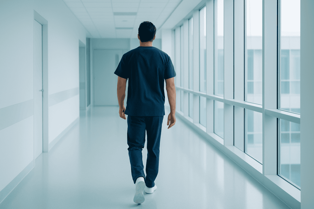 Dental Care at Acibadem Hospital 1 Healthcare professional walking in a modern hospital corridor with large windows.