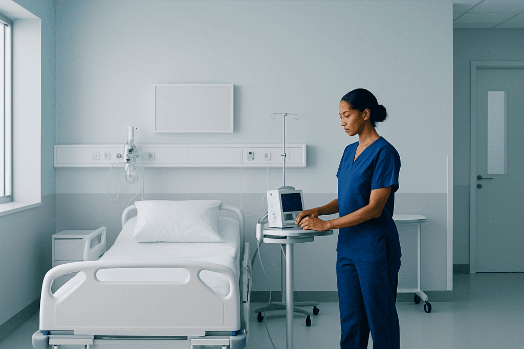 DHI vs FUE: Which Hair Transplant Method Is Best? 1 Hospital room with nurse and medical equipment for hair transplant consultation.