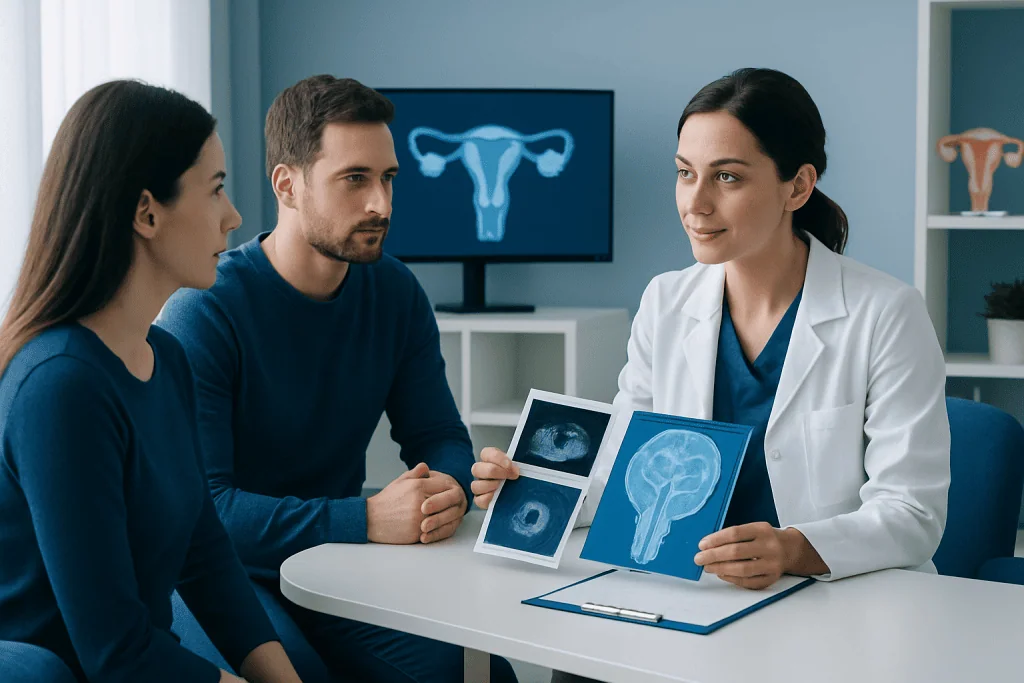 Doctor explaining ultrasound images to patients in a medical consultation room.