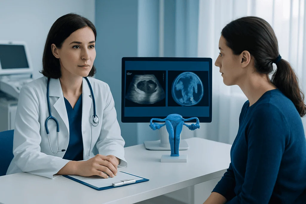 Doctor explaining ultrasound results to a patient in a medical consultation.