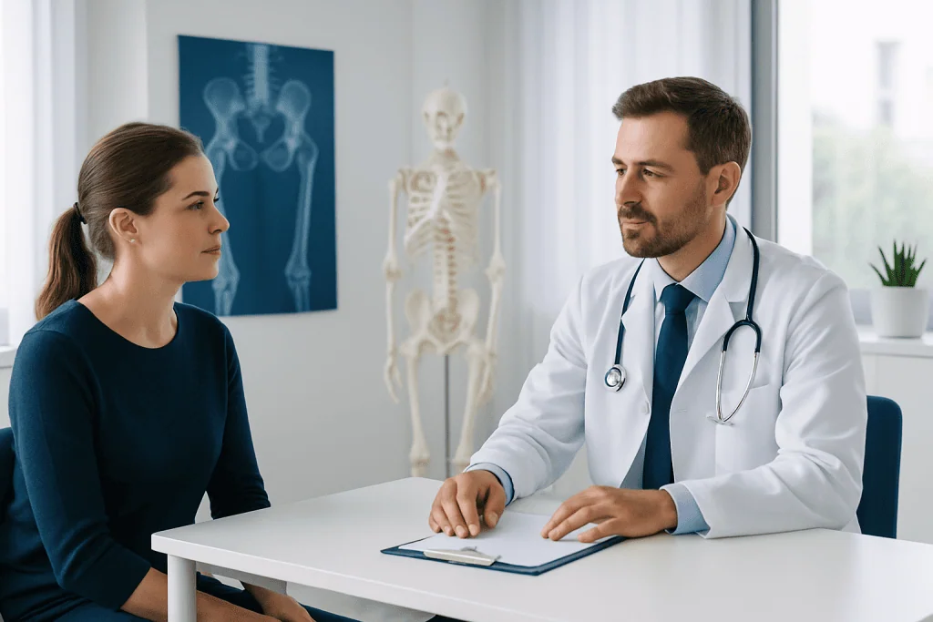 Doctor consulting with a patient in a medical office with X-ray images on the wall.