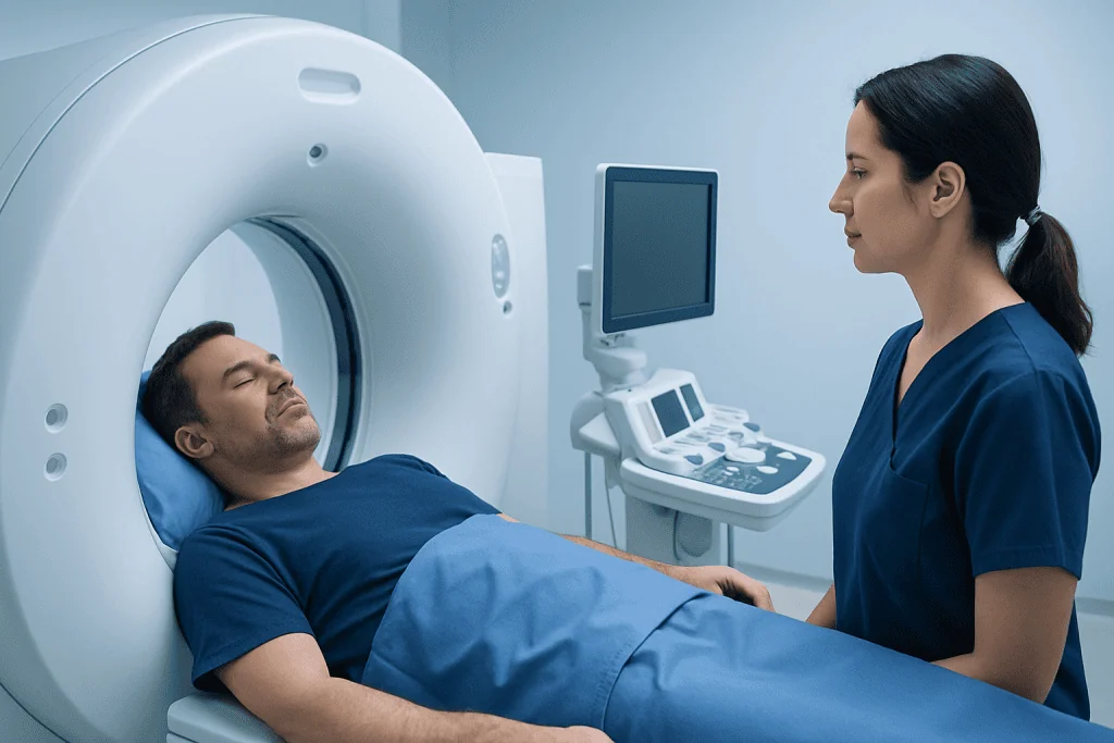 Patient undergoing a CT scan at Acibadem Hospital with medical staff present.