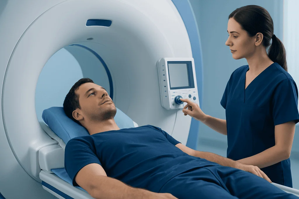 Patient undergoing MRI scan at Acibadem Hospital with medical staff assistance.