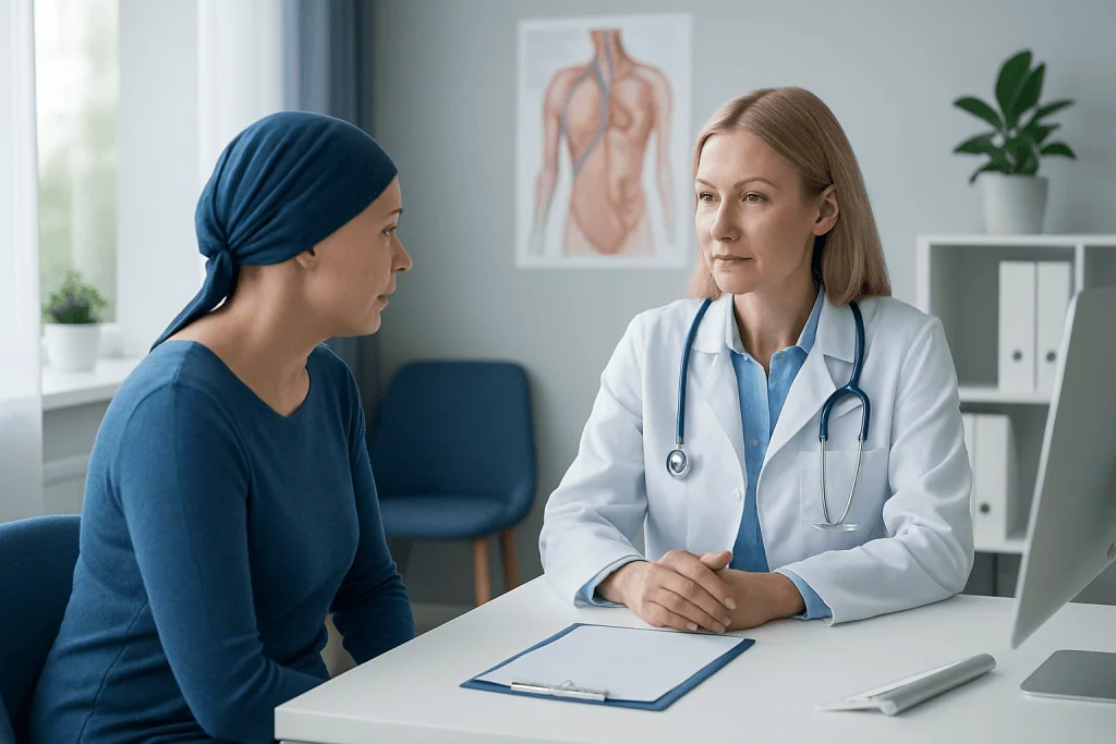 Doctor consulting cancer patient in a medical office setting.