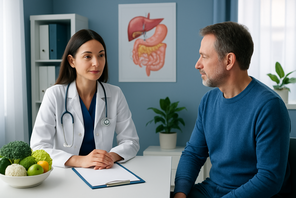Doctor consulting patient about pancreatitis recovery in clinic.