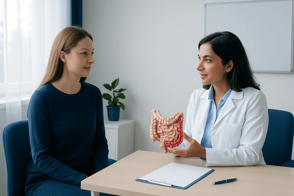 Doctor explaining digestive system to patient in consultation room.