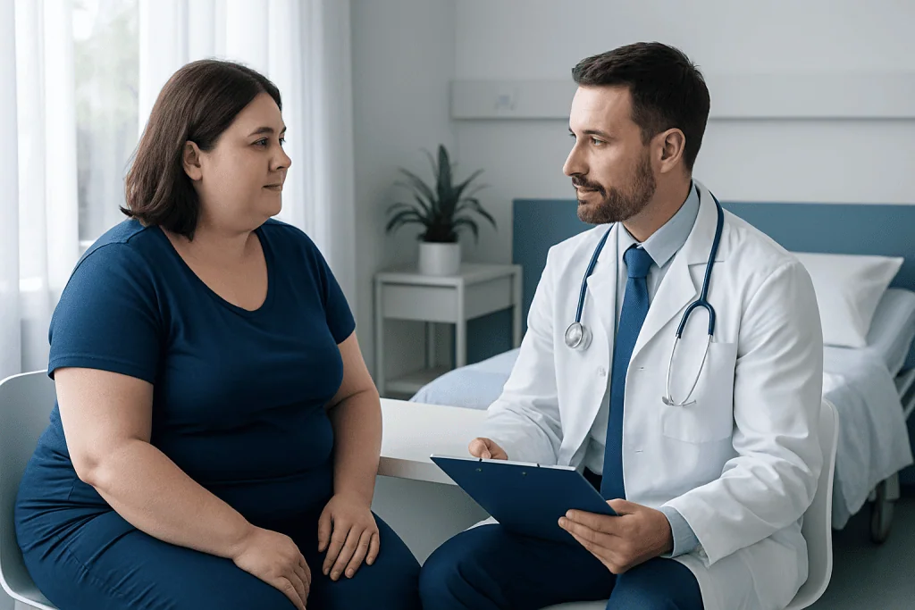 Doctor consulting with a patient in a hospital room.
