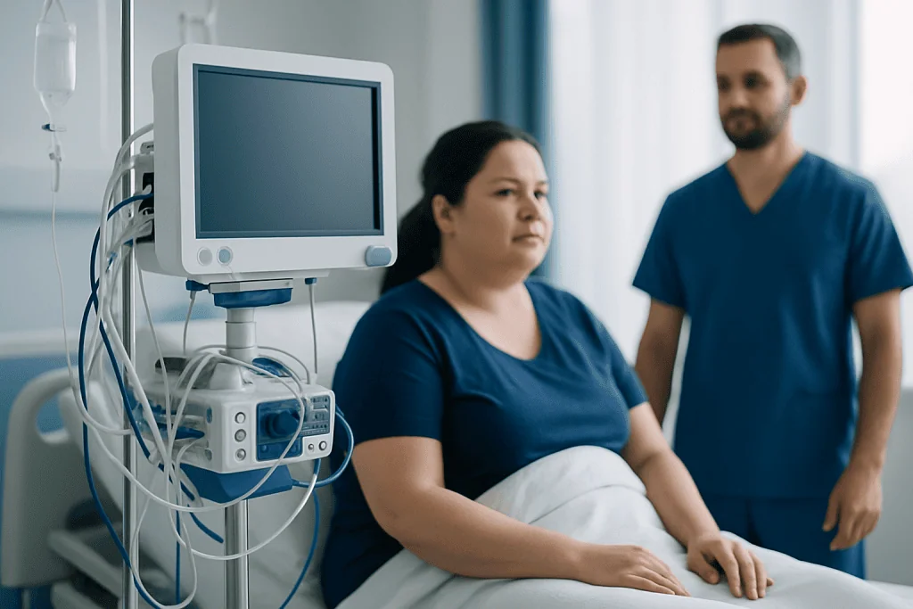 Patient in hospital bed with medical monitor and healthcare professional nearby.