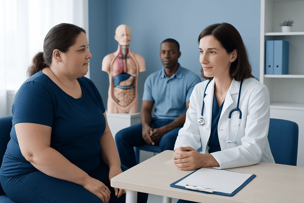 Doctor consulting a patient in a medical office with anatomical model in background.