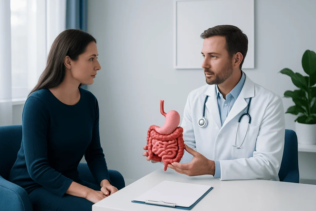 Doctor explaining digestive system to patient in consultation room.