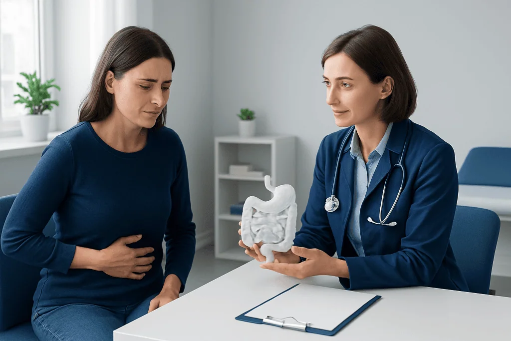 Doctor explaining digestive system model to patient in clinic setting.