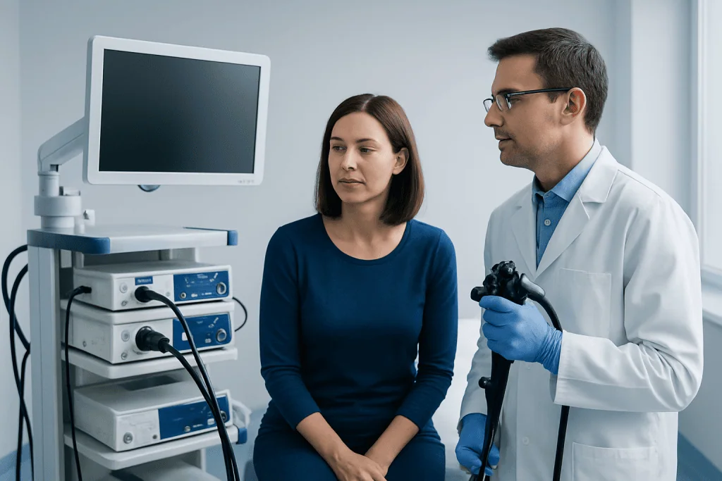 Doctor explaining endoscopy procedure to patient in clinic.