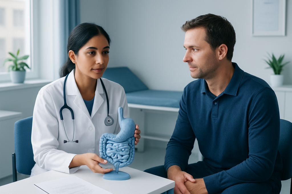 Doctor explaining digestive health to a patient in a clinic setting.