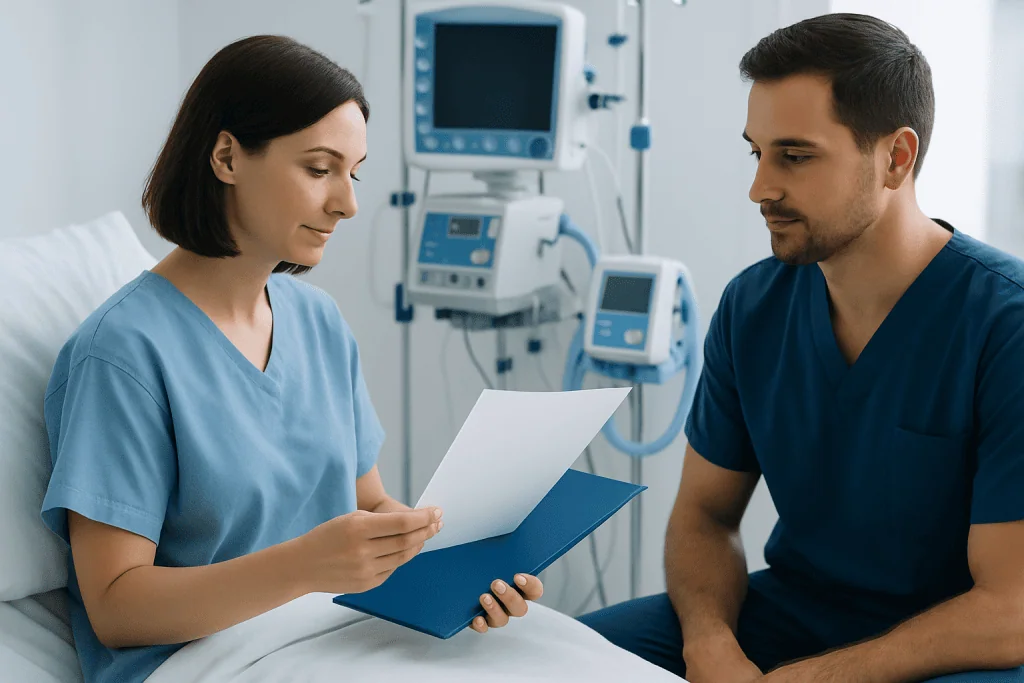Medical consultation with healthcare professionals in hospital setting.