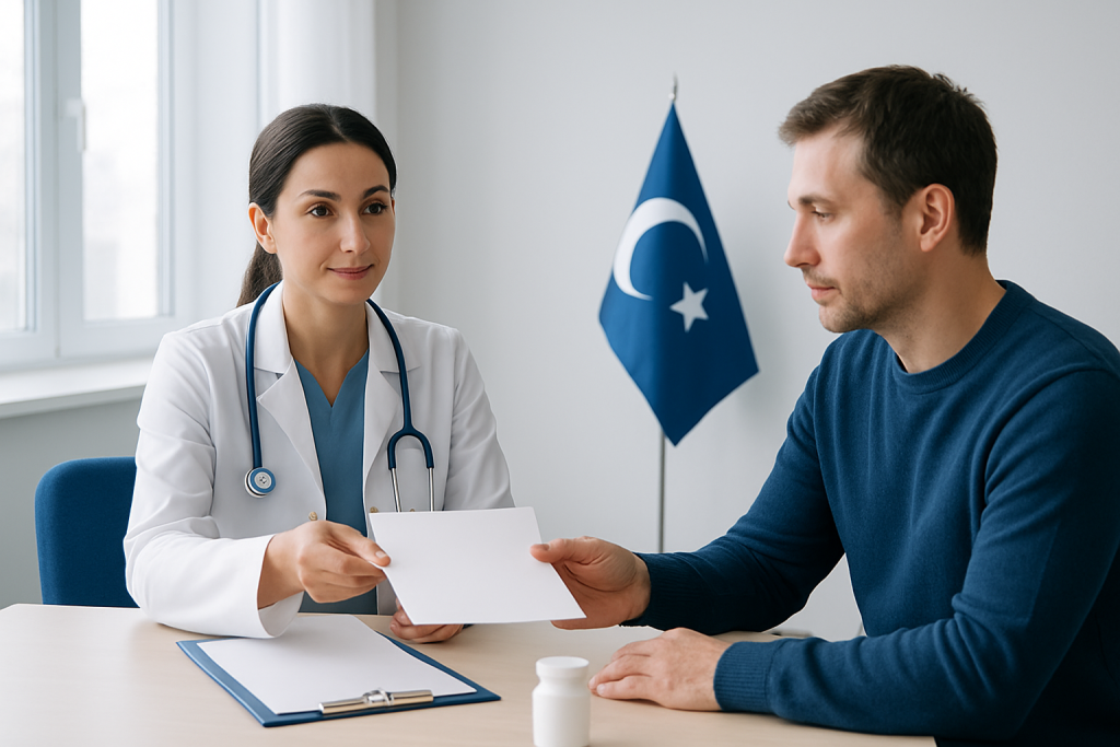 Doctor consulting with patient in a medical office with Turkish flag in background.