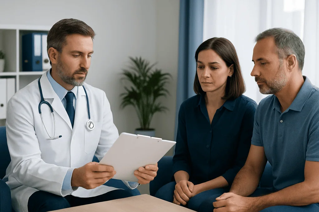 Doctor consulting with patients about transplant testing procedures in a clinic.