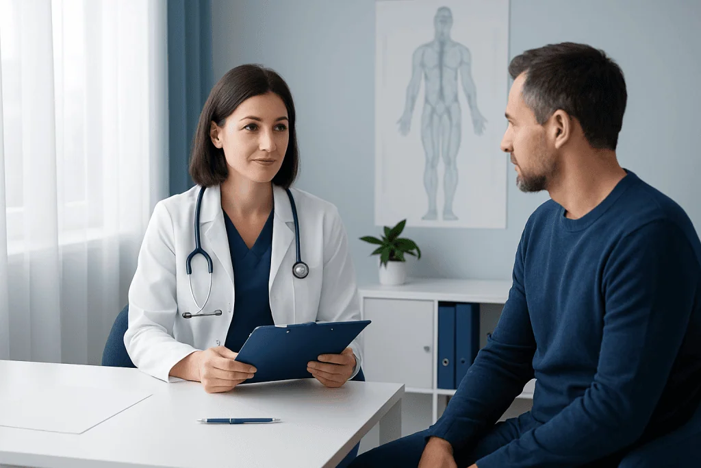 Doctor consulting with a patient in a modern medical office setting.