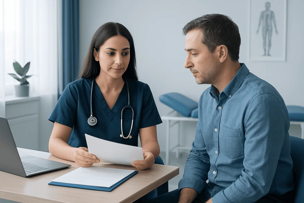 Doctor consulting with patient in a medical office setting.