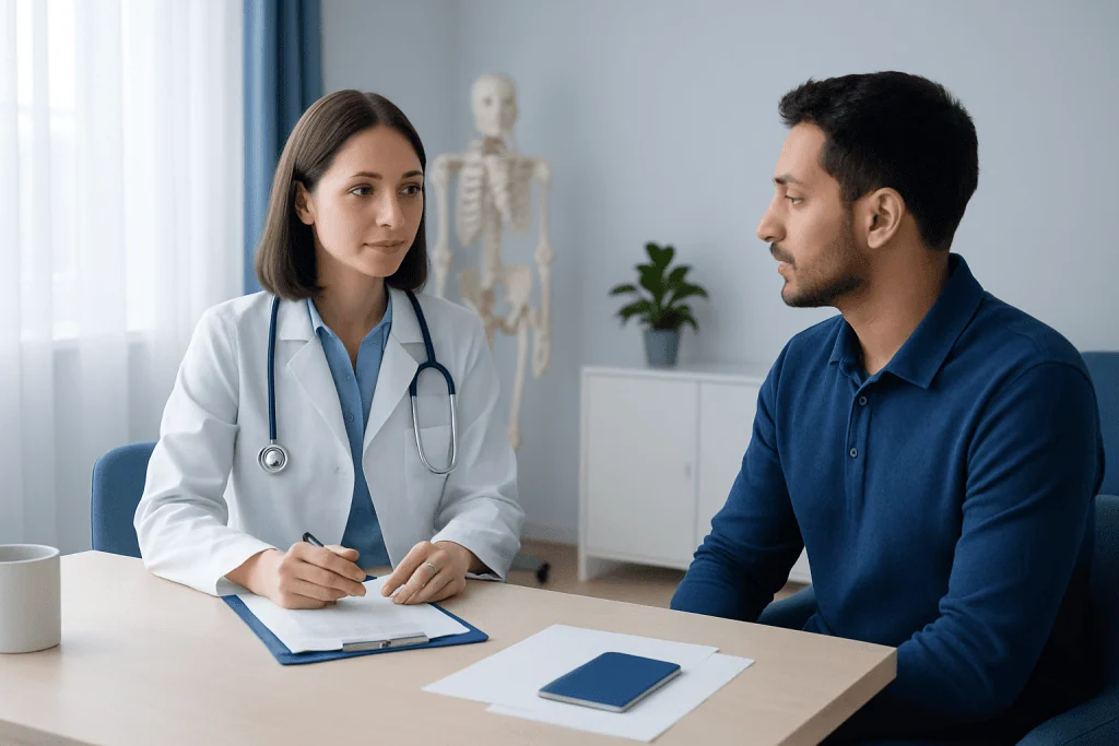 Doctor consulting patient in a medical office with skeleton model in background.