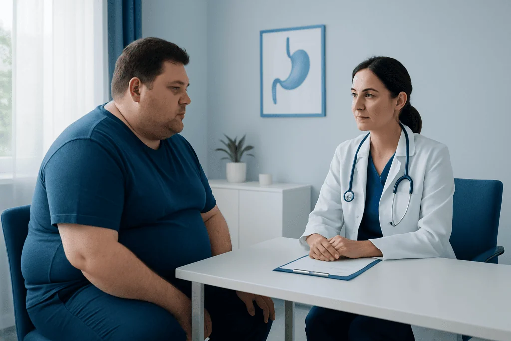 Doctor consulting with overweight patient in a medical office.