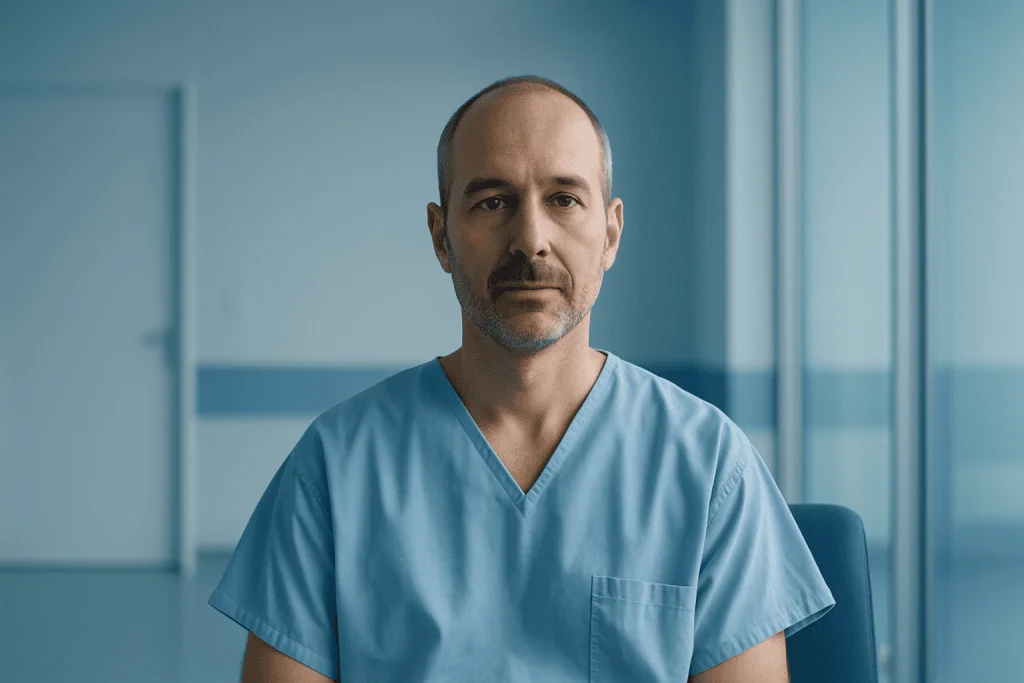 Does Medicare Cover Cancer Treatment After Age 76? 1 Male healthcare professional in blue scrubs in hospital corridor.