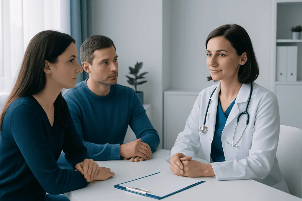 Doctor consulting with a patient and companion in a medical office.