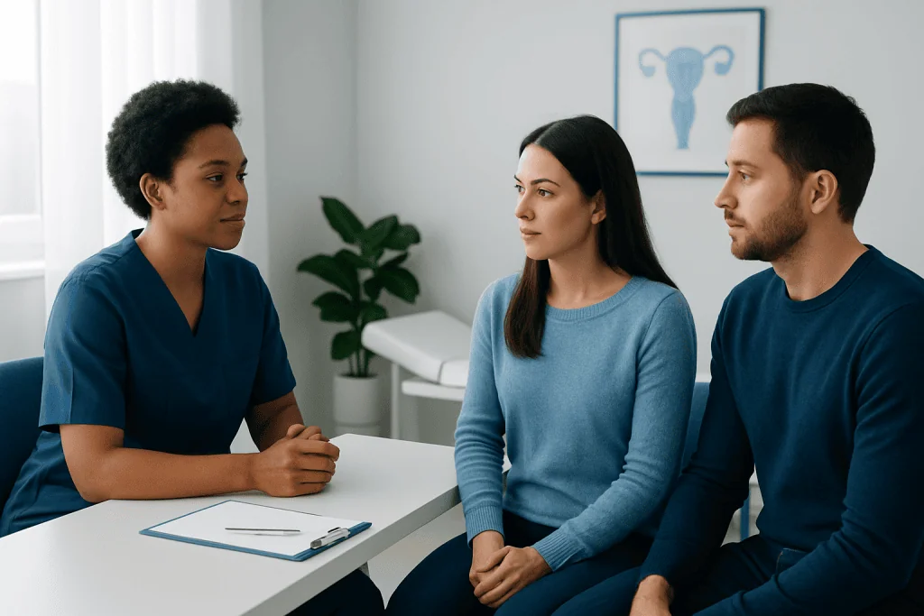 Fertility consultation with a healthcare professional and couple in a clinic.