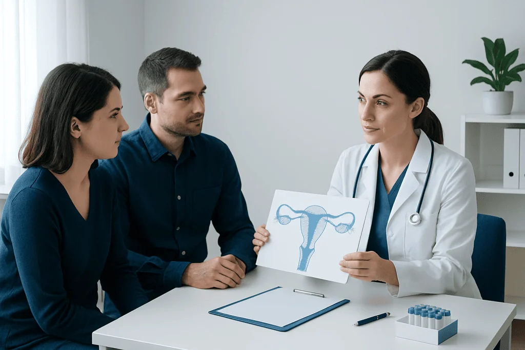 Fertility specialist explains uterine health to couple during consultation.
