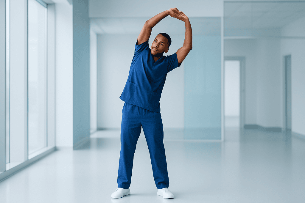 Dorit Kemsley Botox and Professional Surgeon Analysis 1 Healthcare professional stretching in a modern hospital corridor.
