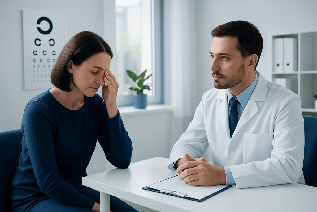Patient consulting with doctor about double vision symptoms in a medical office.