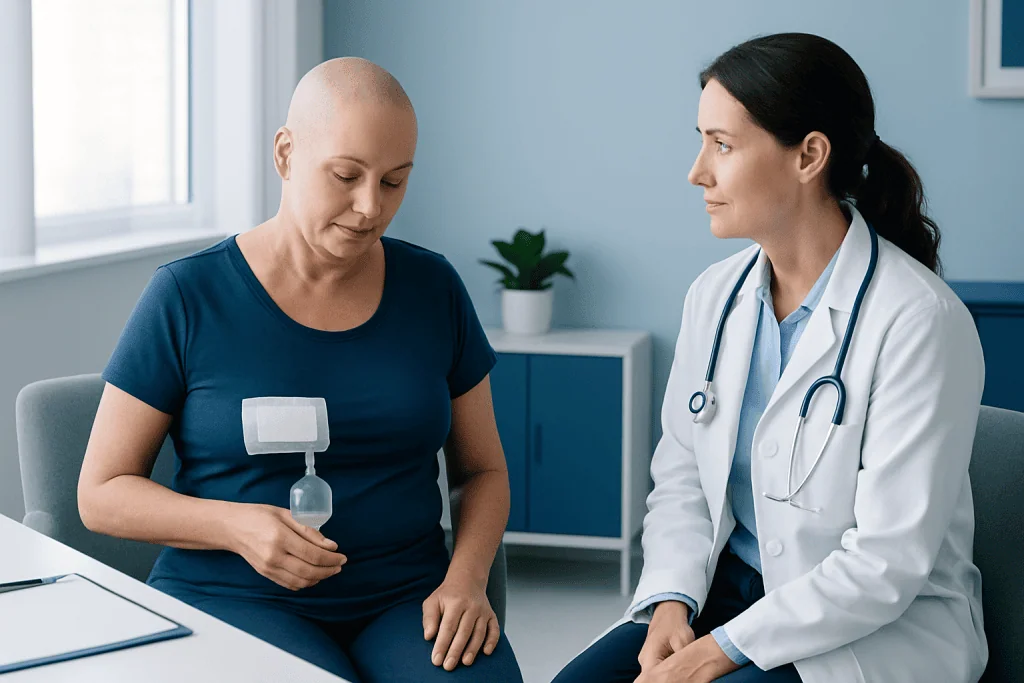 Patient with breast prosthesis consults doctor in clinic setting.